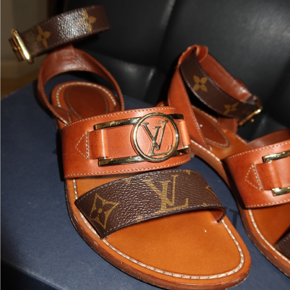 Louis Vuitton Tan & Brown Monogram Leather Sandals with Gold Hardware